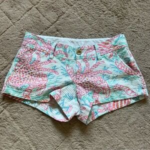 Lilly Pulitzer Pink & Aqua Palm-Print Seersucker Shorts